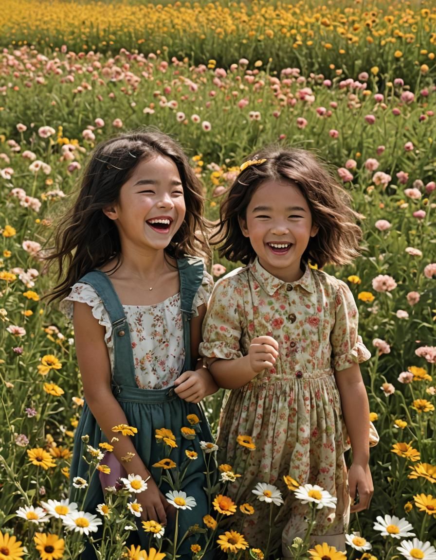 Friends Laughing in Flower Field, Oil Painting Style