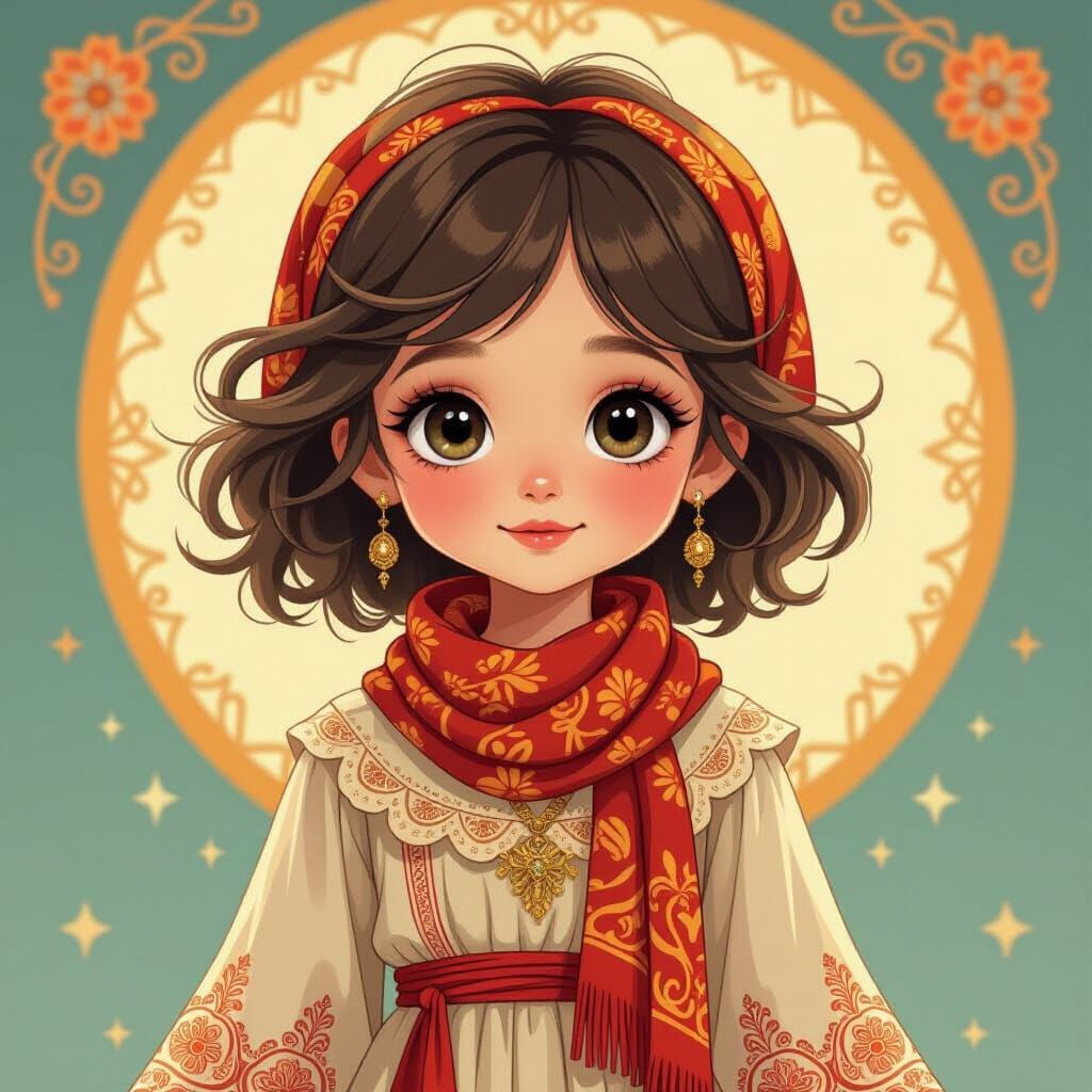 Girl in Ornate Dress, Art Nouveau Illustration