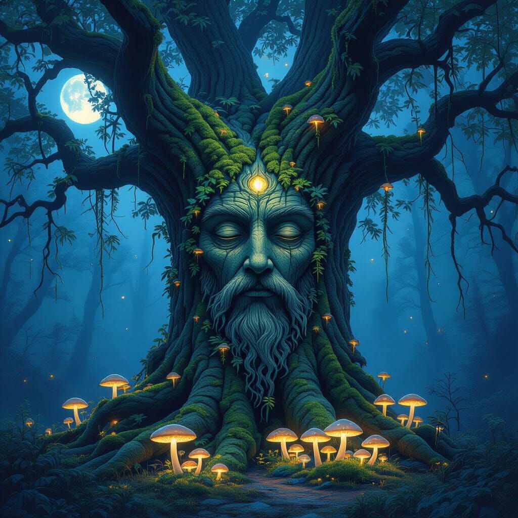Ancient Tree with Face in Moonlit Forest