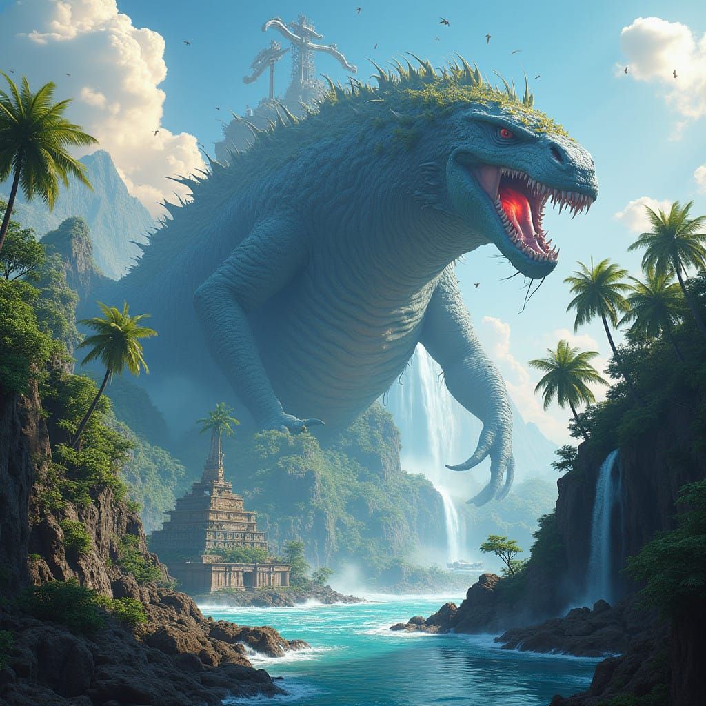 Gigantic Sea Monster Devours Tropical Island in Cyberpunk Re...