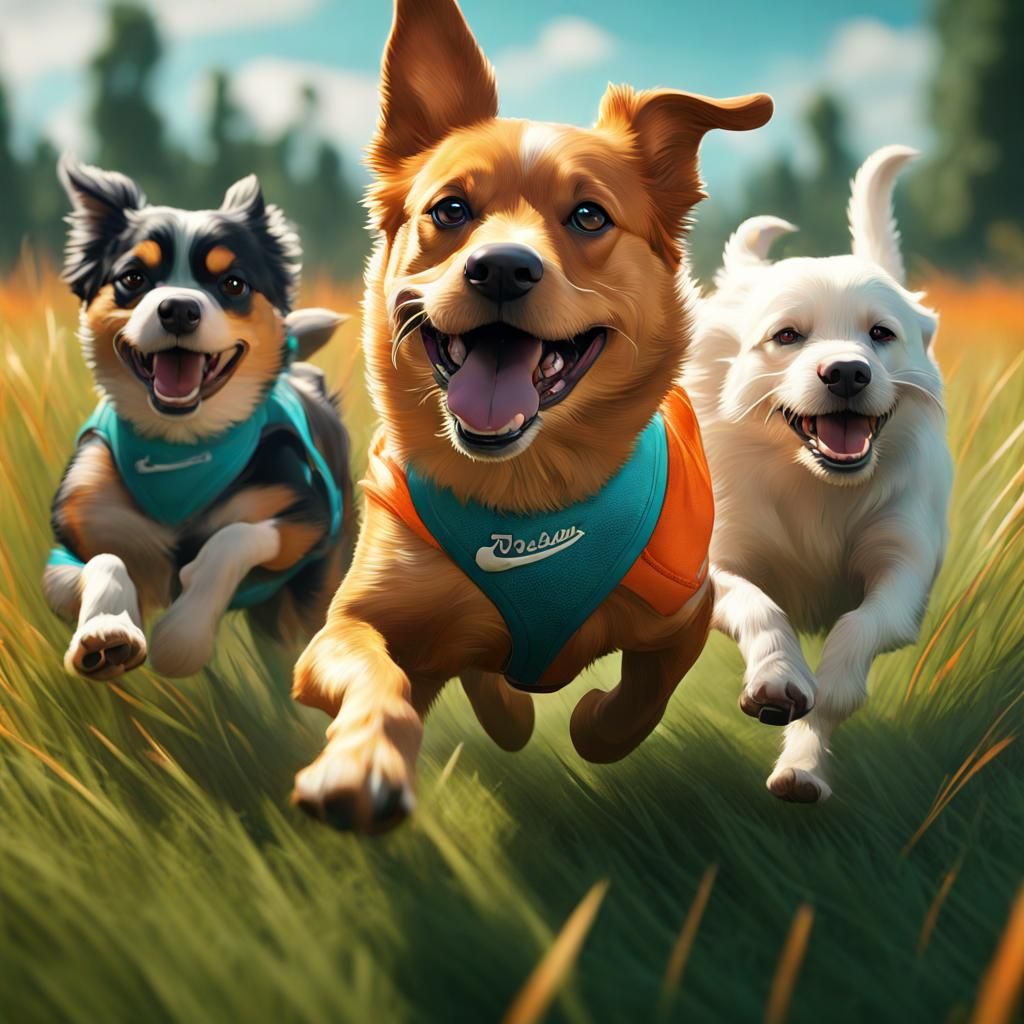 Dogs Playing Fetch in Hyperdetailed Grassy Field