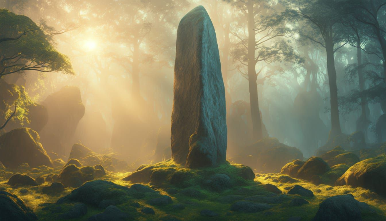 Mystical Menhir in Forest with Golden Light