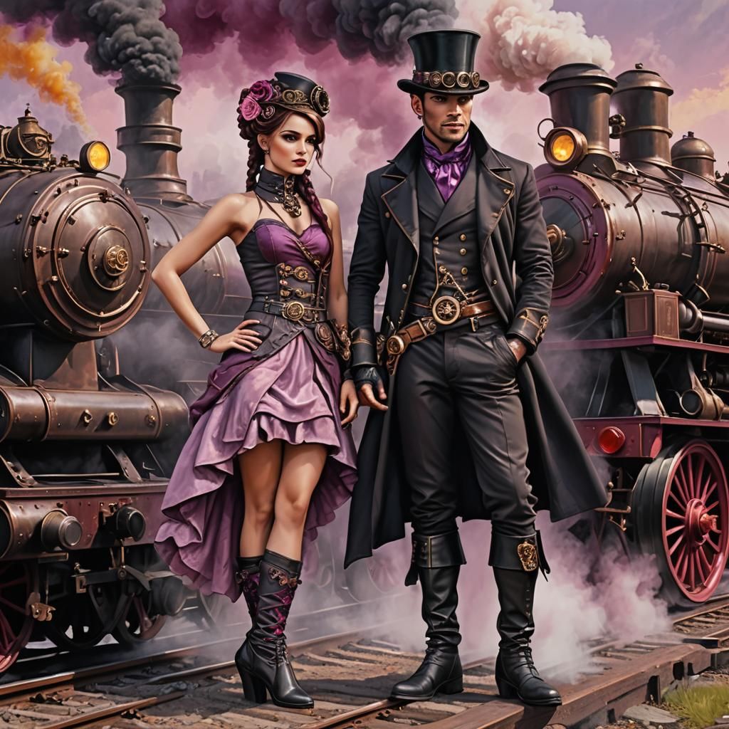 Steampunk Couple with Steam Train, Digital Airbrush Art