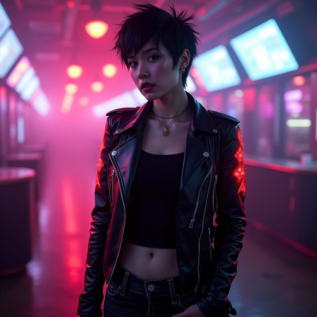 Hyper-Realistic Portrait of a Young Woman in a Neon-Lit Tech...