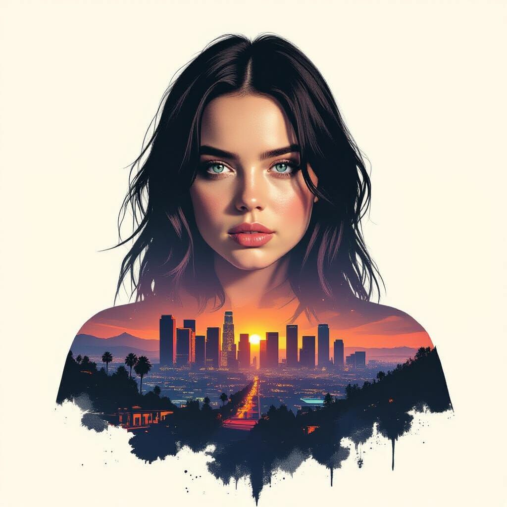 Double exposure artwork featuring Billie Eilish as the main subject, with a detailed landscape from a Los Angeles studio...