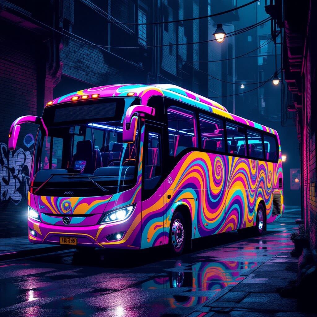 Psychedelic Bus in Dark Alleyway, Neon Art
