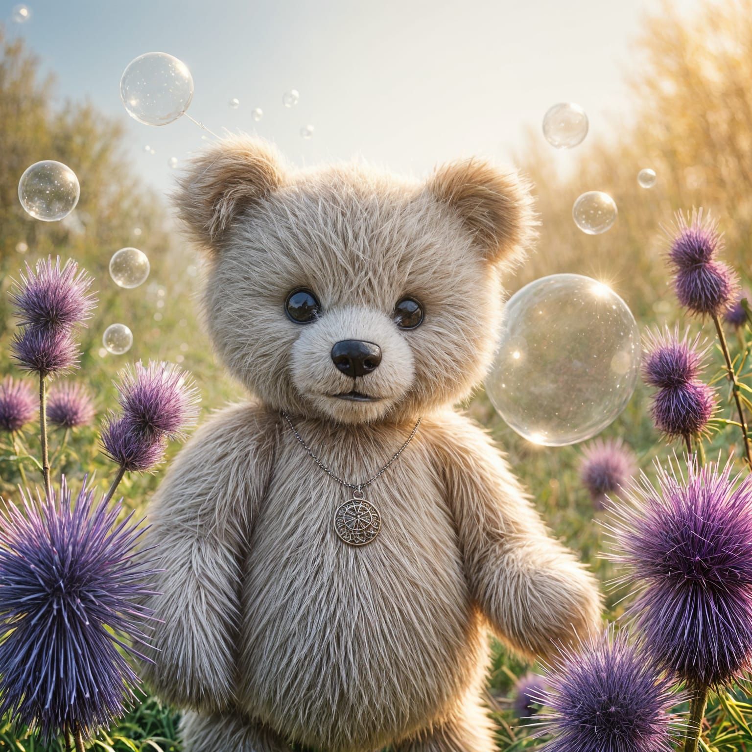 Pale Furry Teddy Bear Surrounded by Soap Bubbles