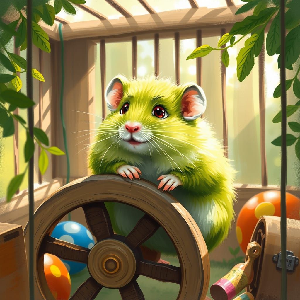 Whimsical Green Hamster in Sunlit Cage