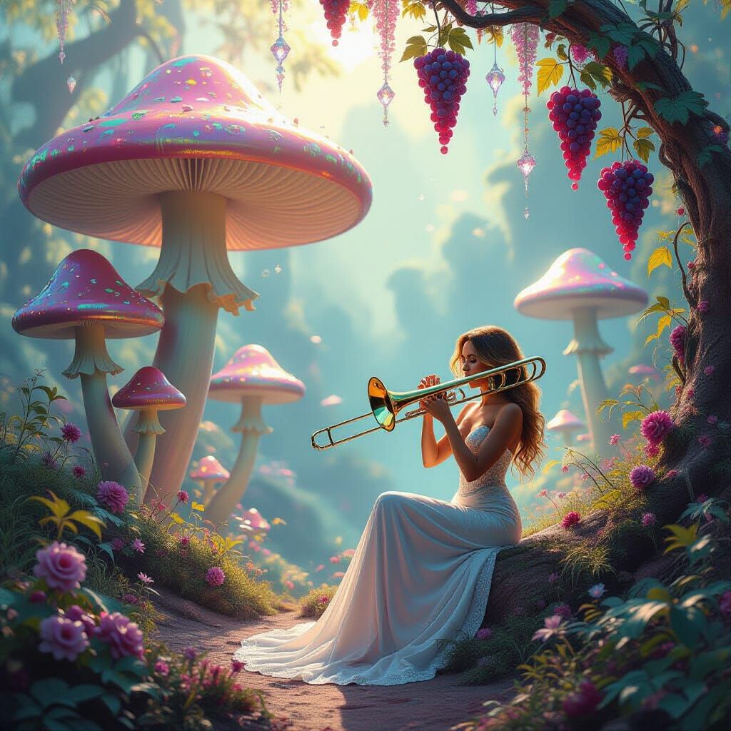 Surreal Landscape with Iridescent Mushrooms and Trombone Pla...