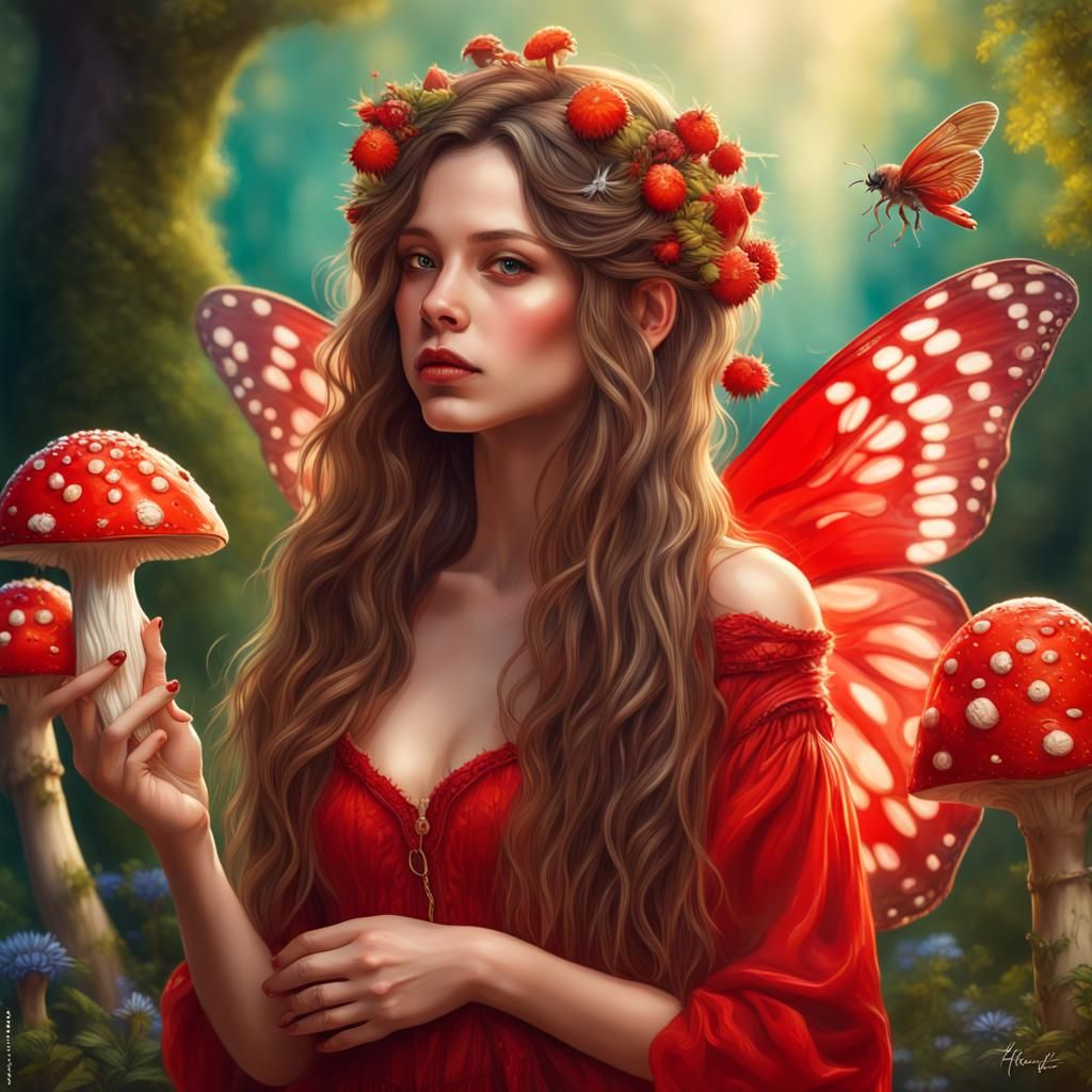 Fly Agaric Fairy in Hyperrealistic Splash Art