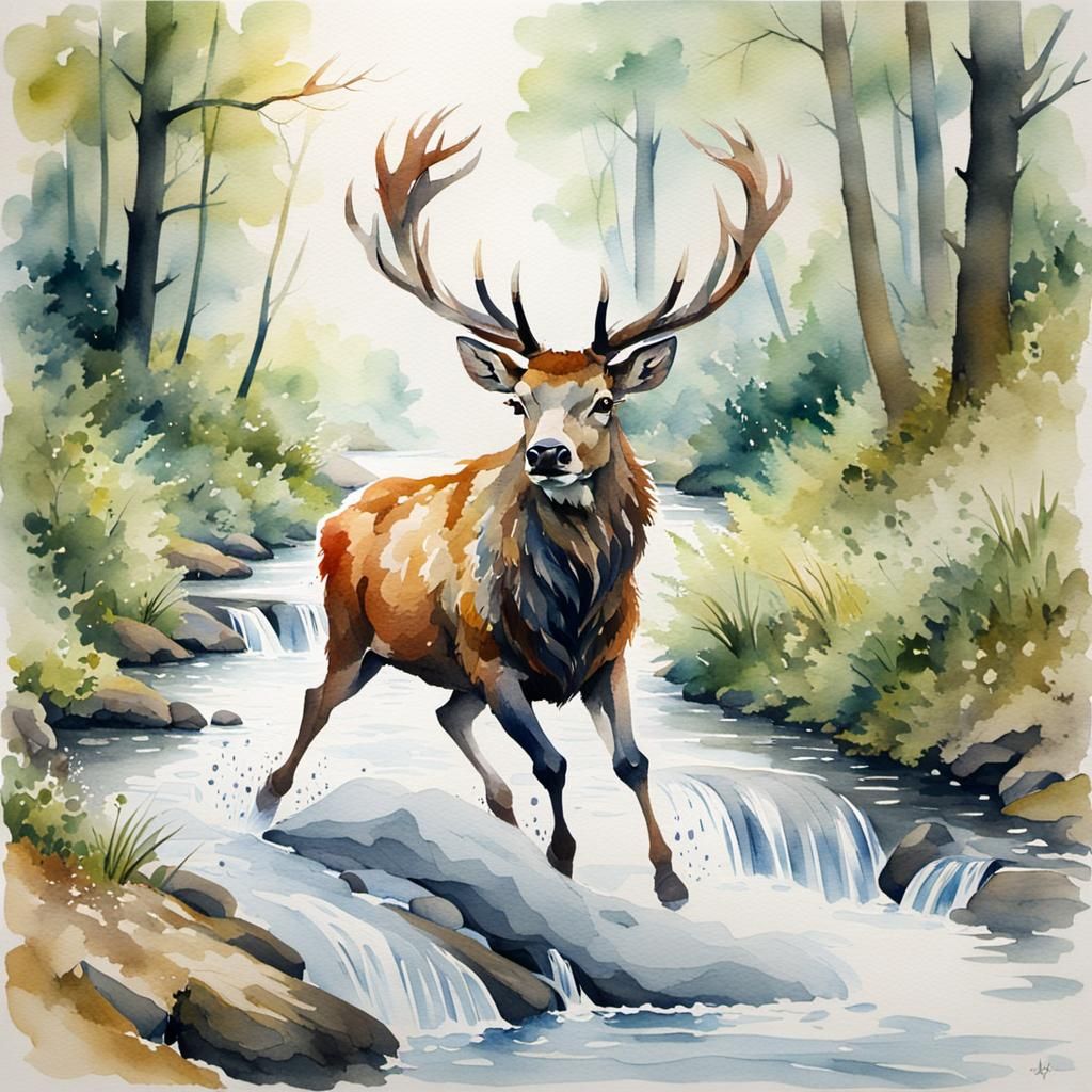Stag Runs Through Woodland Stream in Watercolour