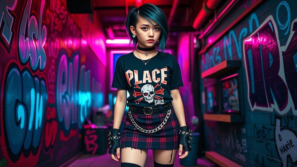 Punk Girl with Asymmetrical Hairstyle in Urban Setting