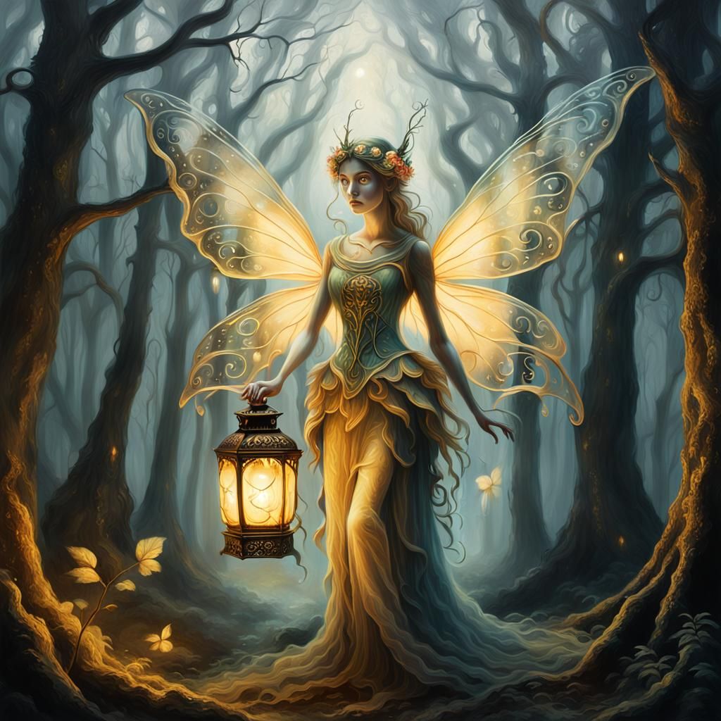 Ornate Fairy in Misty Forest: Surreal Oil Painting