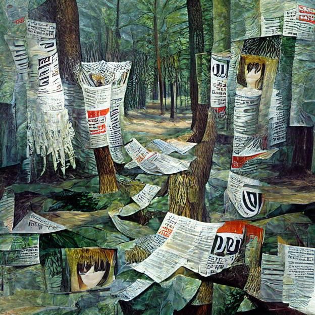 Dadaism Forest Trees Covered in Newspaper Articles