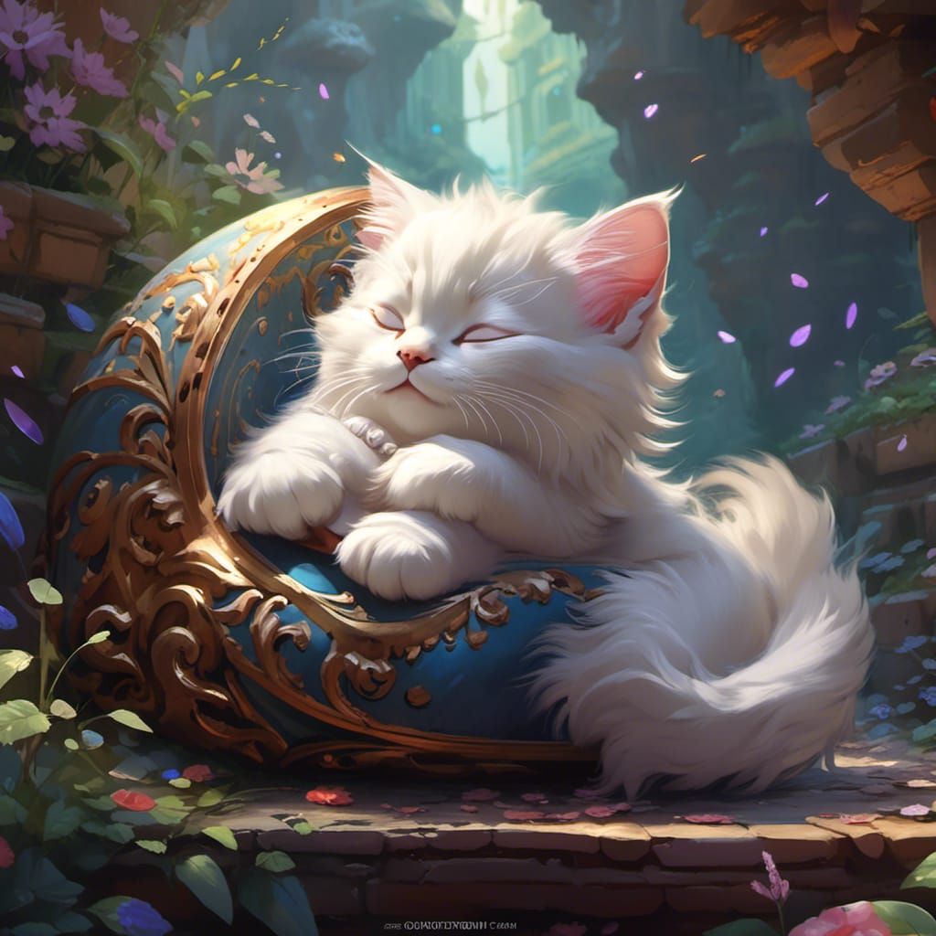 Sleeping Kitten in Detailed Matte Painting Style