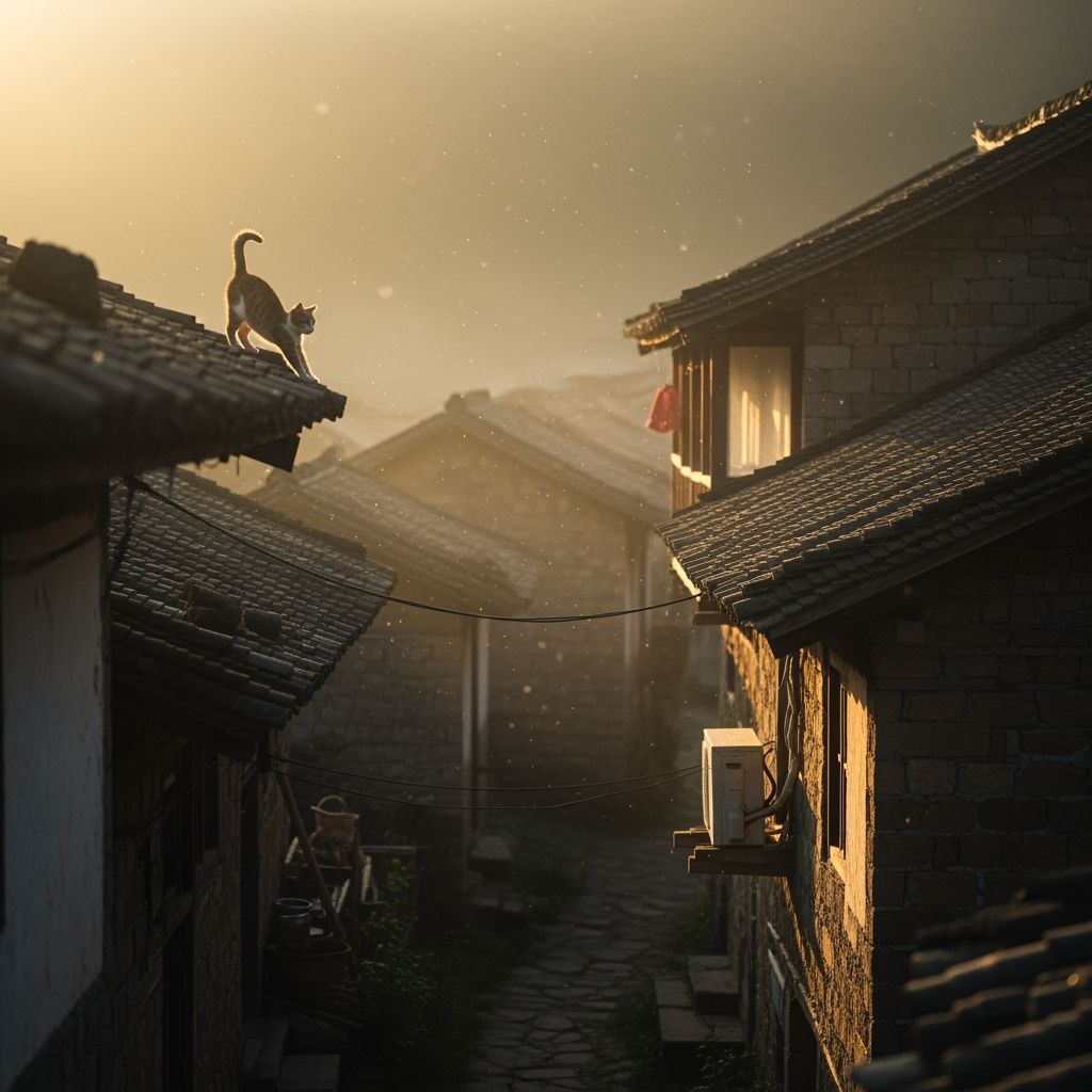 Tranquil Mountain Village at Dawn with Golden Sunlight