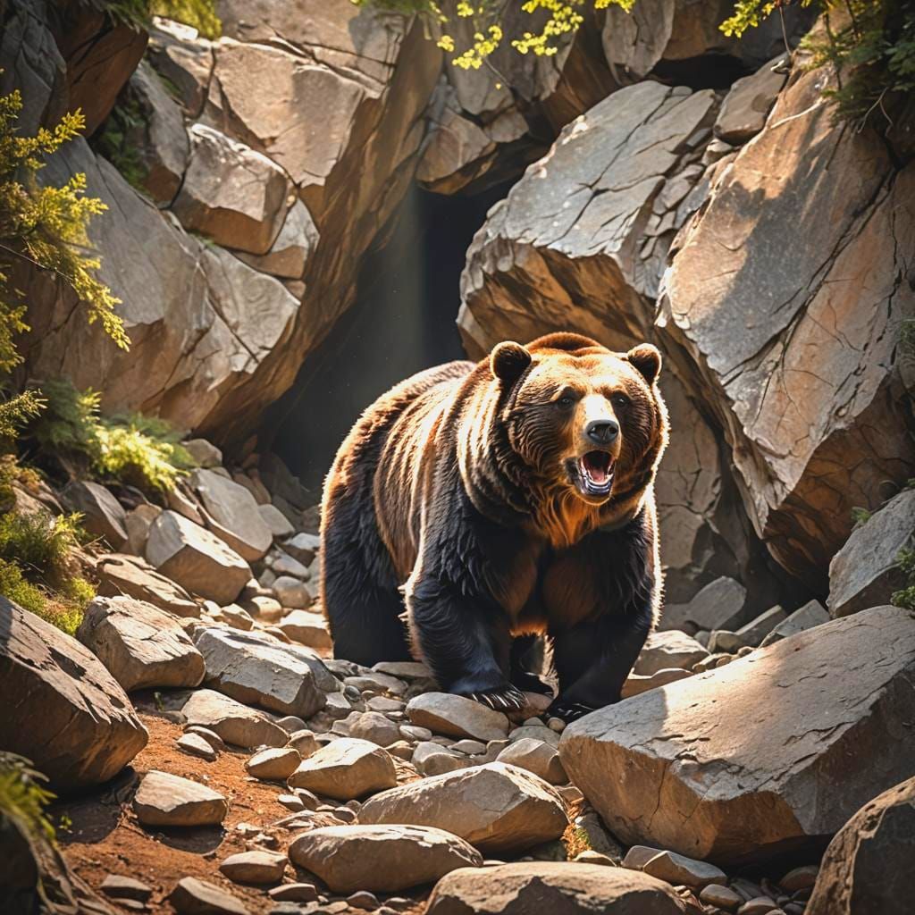 Roaring Bear Emerges from Rocky Cave