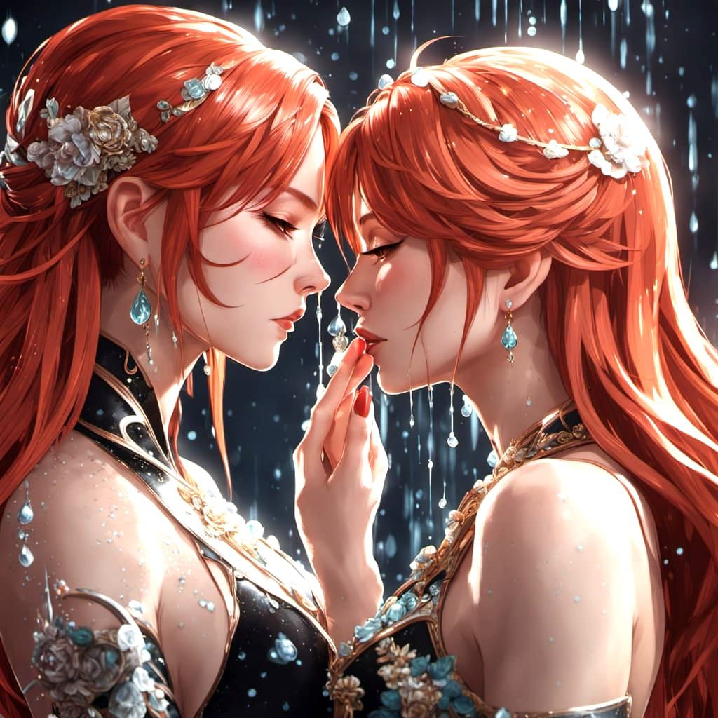 Elegant Red-Haired Women in Intimate Caress