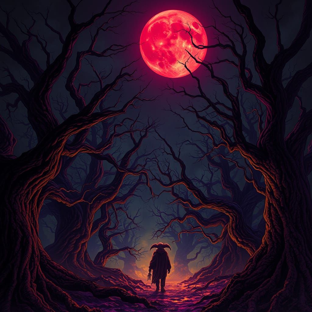 Dark Fantasy Masterpiece: Twisted Trees and Blood-Red Moon