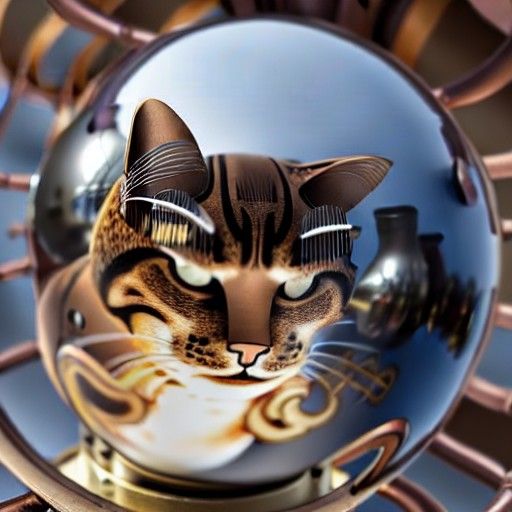 Steampunk Cat Gazing into Steel Mirror