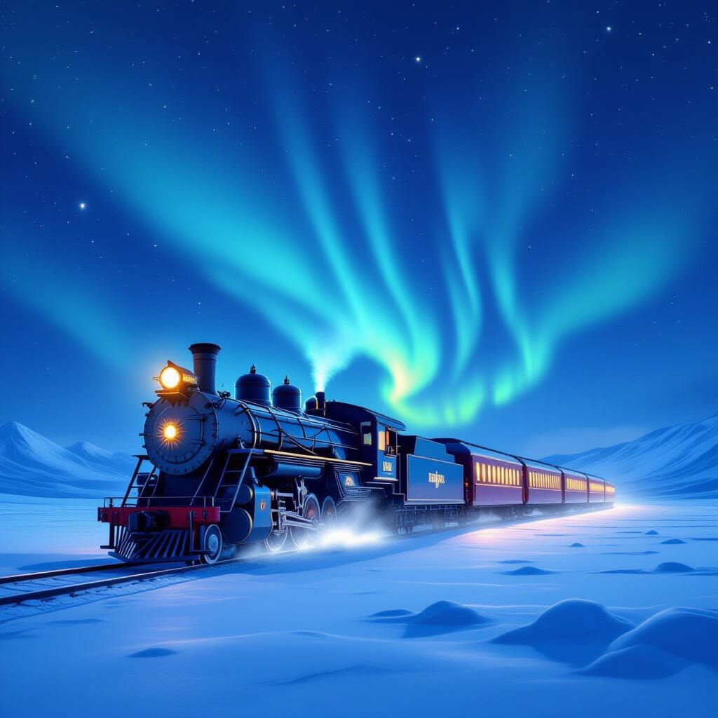 Ethereal Locomotive on Frozen Plain Under Aurora Sky