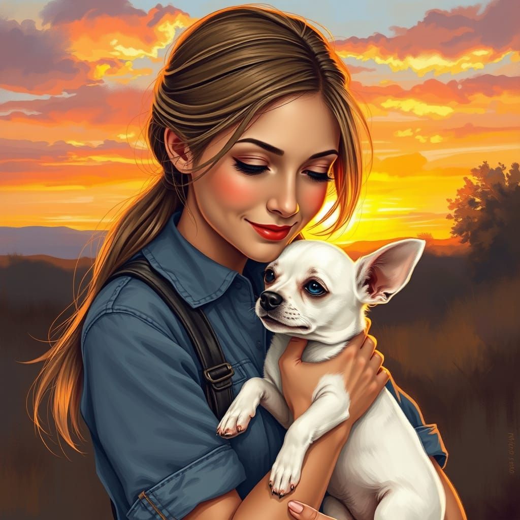 Woman and Chihuahua Puppy in Dreamy Sunset