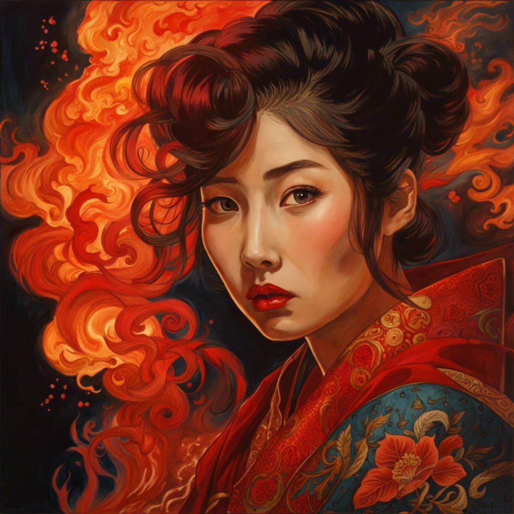 Fiery Woman: Japanese Watercolor Fantasy Art
