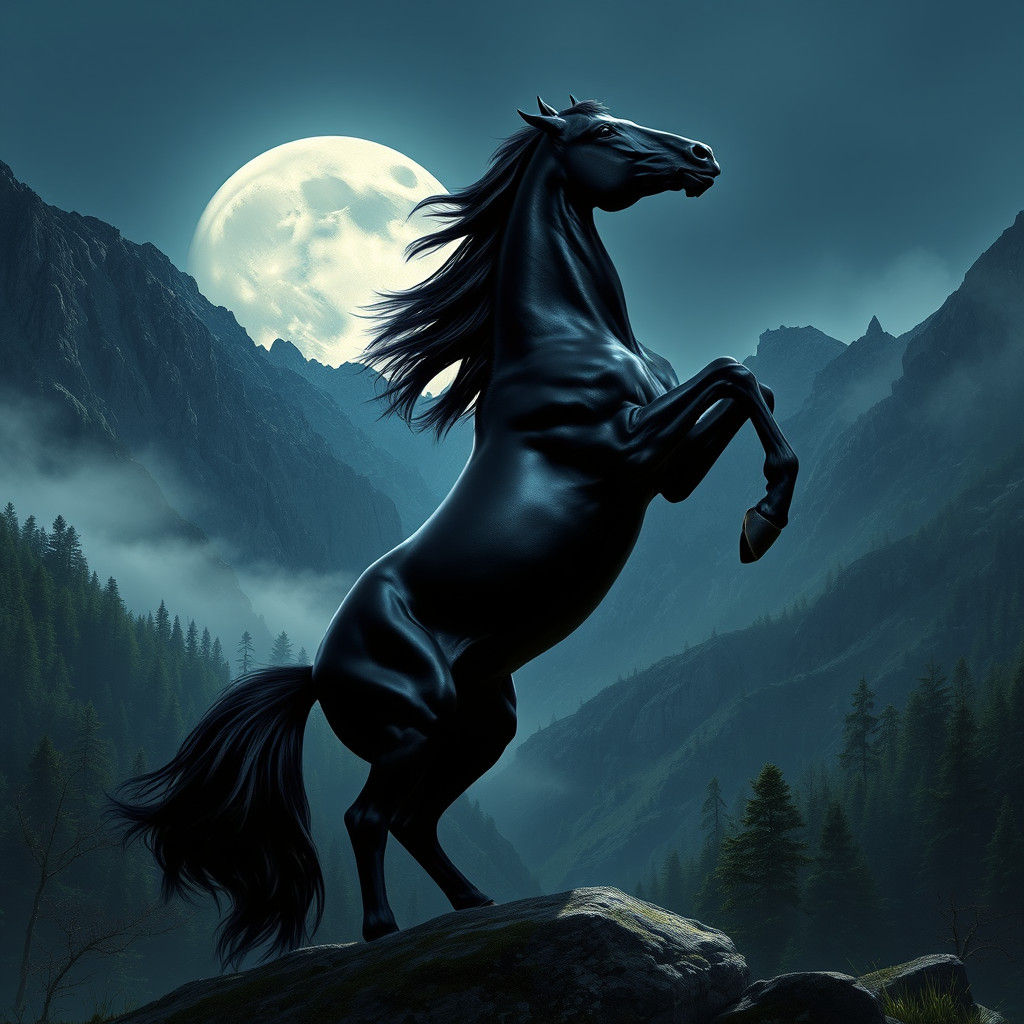 Stallion Rears Under Moonlight: Fantasy Concept Art
