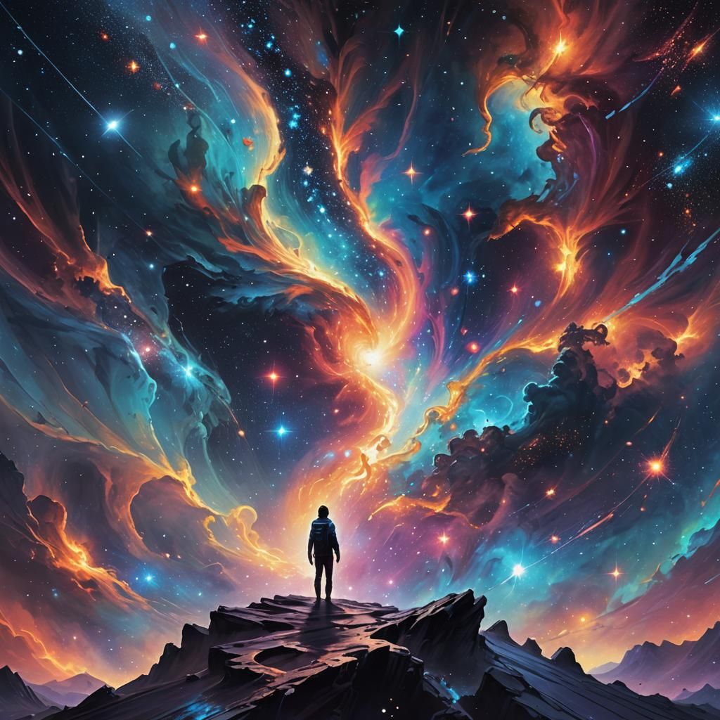 Cosmic Figure in Starry Void: Digital Concept Art