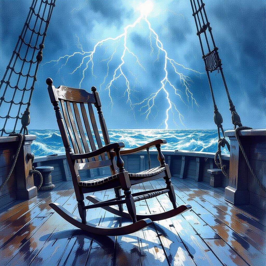 Rocking Chair on Pirate Ship Deck in Stormy Watercolor