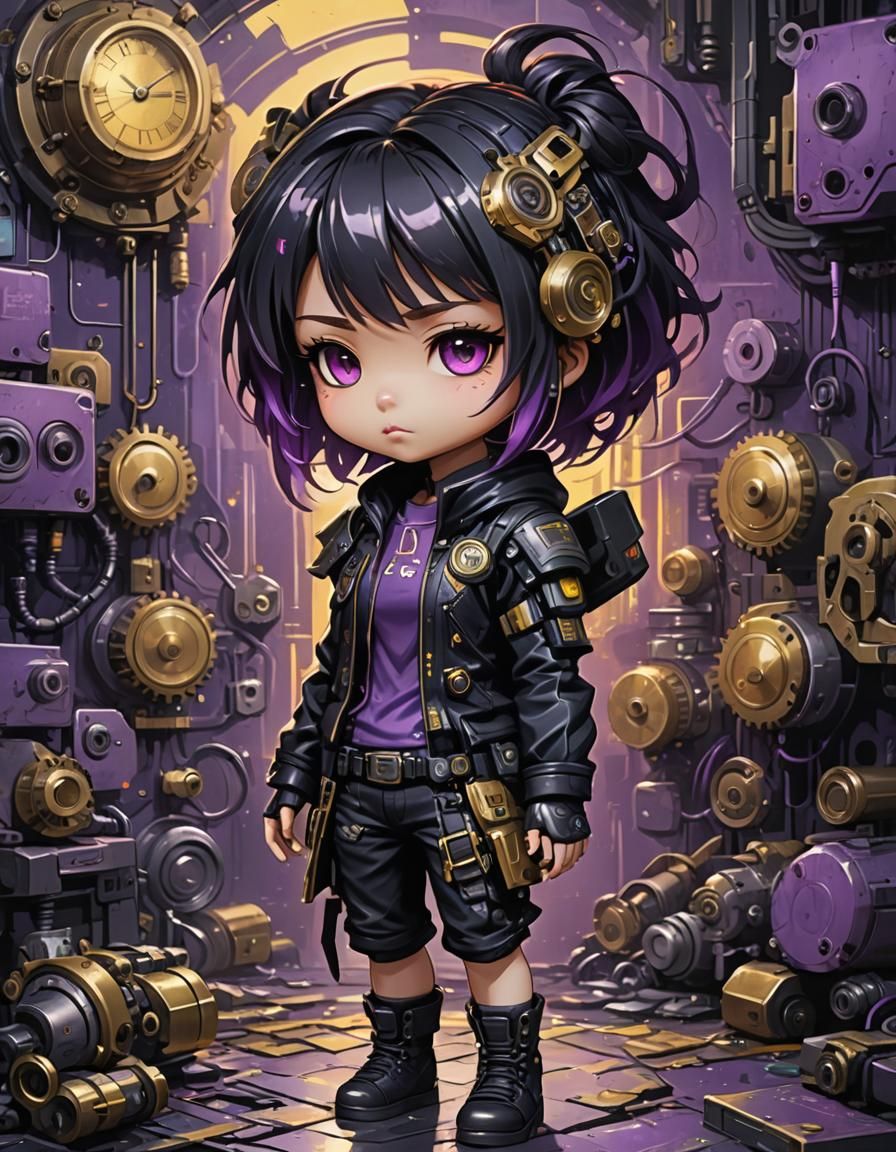 Cyberpunk Chibi Portrait with Clockwork Details