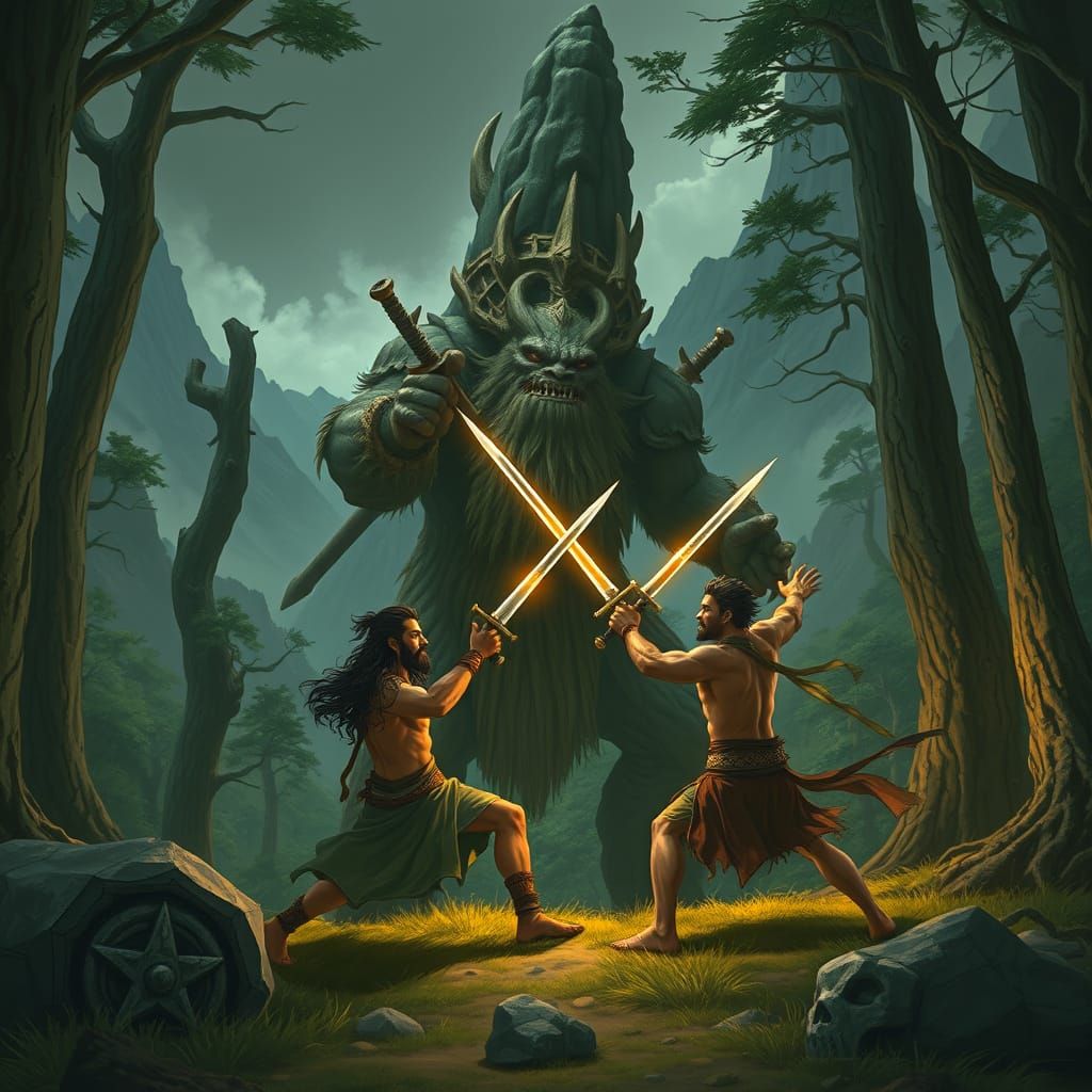 Gilgamesh and Enkidu Battle Humbaba in Ancient Forest