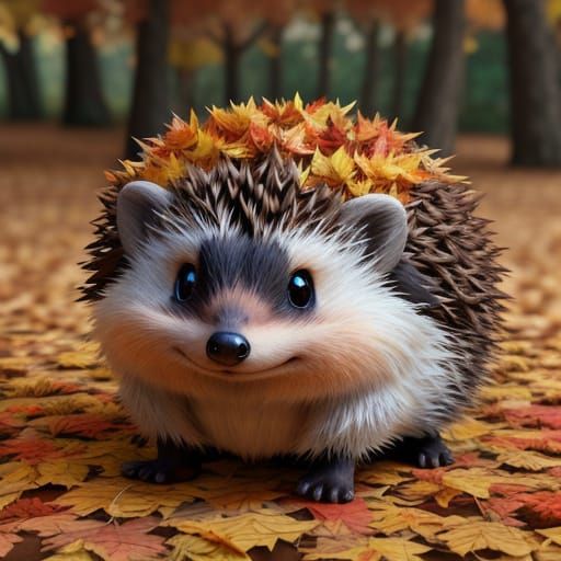 Cute Hedgehog Playing in Autumn Leaves Pixar Style