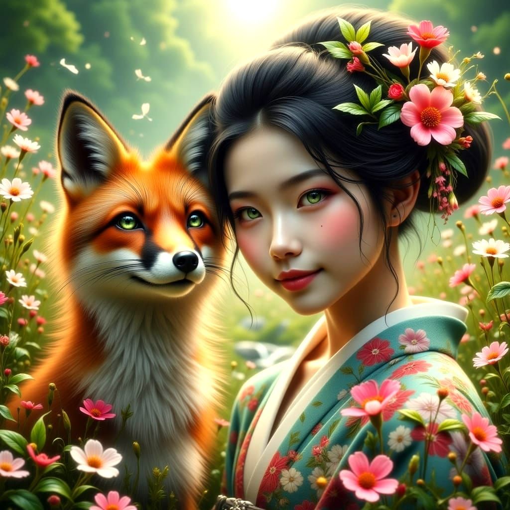 A Geisha's Gentle Reverence in a Vibrant Wildflower Meadow