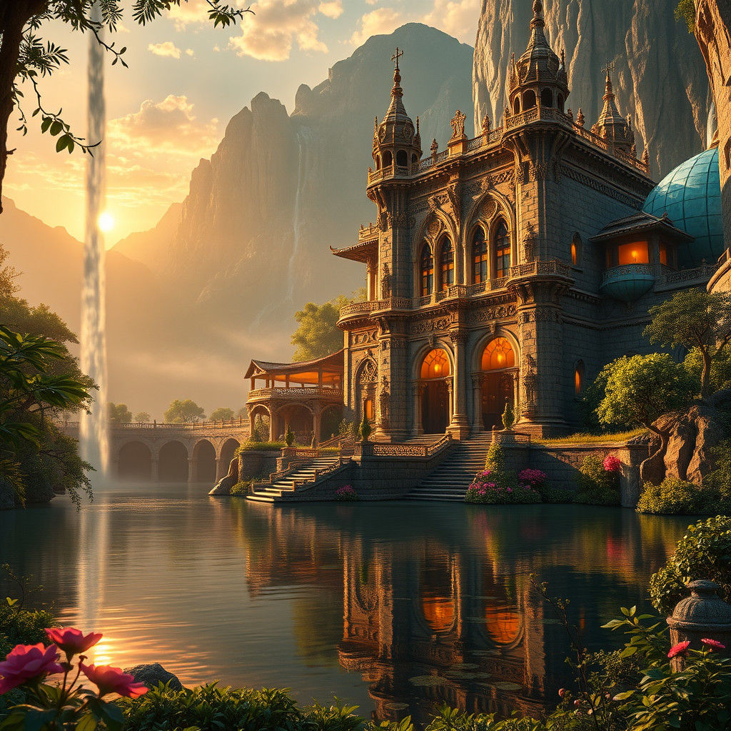 Baroque Castle Landscape with Waterfall