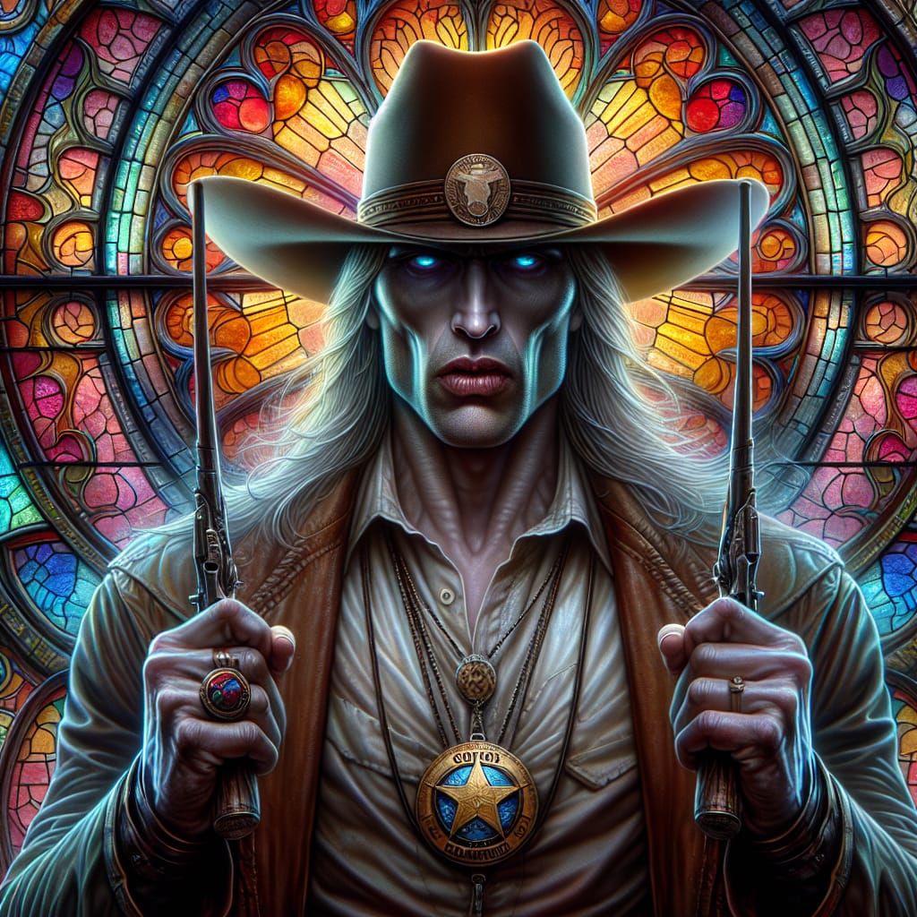 Wizard as Texas Ranger in Stained Glass Window
