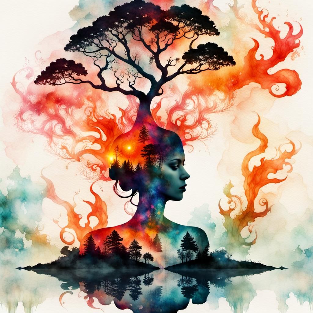 Flaming Woman Botanical Silhouette in Watercolor Style