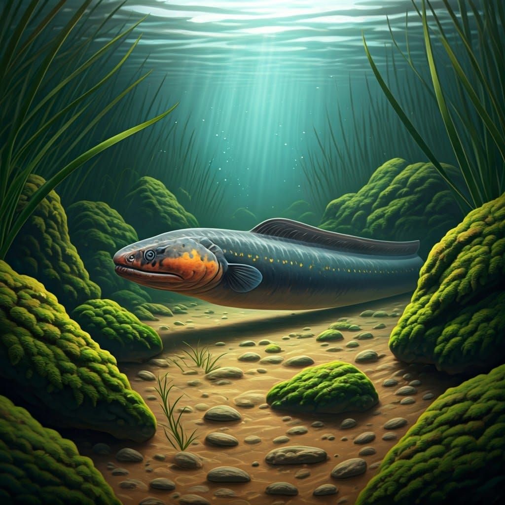 Surreal Swamp Scene with Electric Eel in Algae Covered Depth...