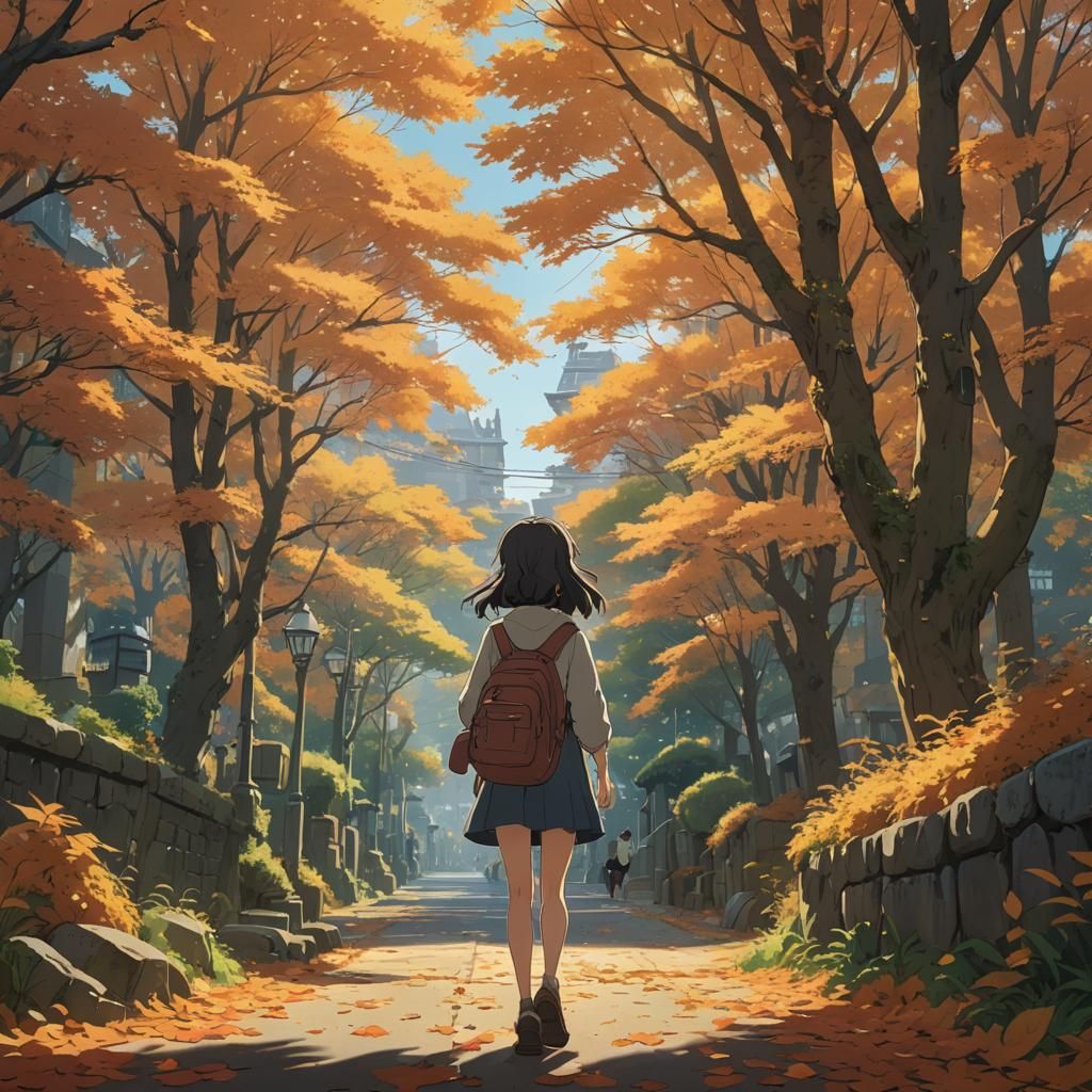 Girl Playing in Autumn: Studio Ghibli Anime Visual