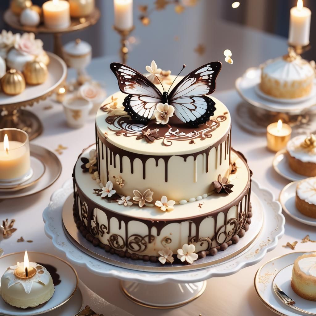 Butterfly New Year's Cake in 3D Anime Style