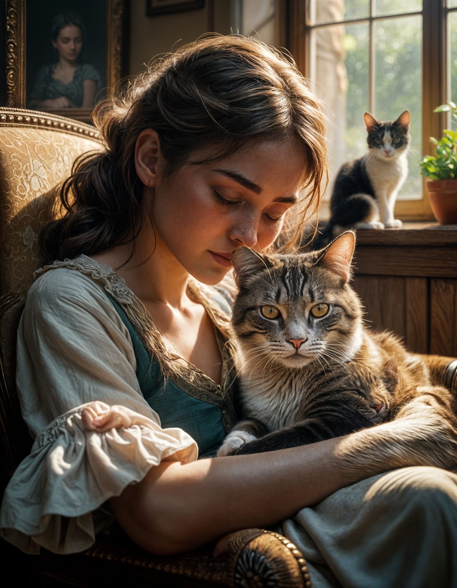 Girl and Cat in Serene Domestic Scene