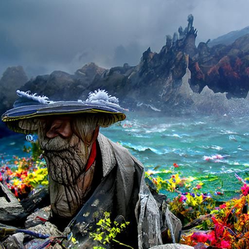 Old Man on Stormy Cliffside in Ukiyo-e Style