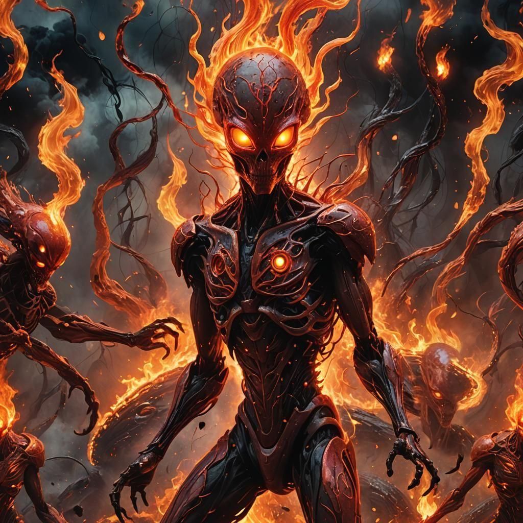 Flaming Alien Beings in Exotic Landscape