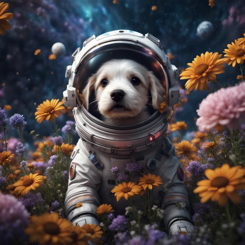 Puppy in Space Suit with Flowers