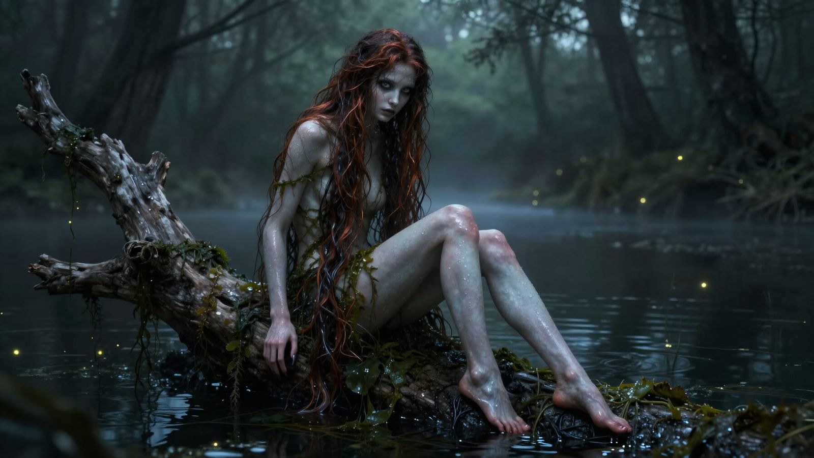 Slavic Rusalka in Dark Forest Lake Digital Painting