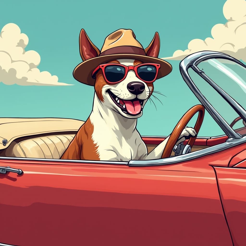 Confident Staffordshire Terrier Behind the Wheel of a Vintag...