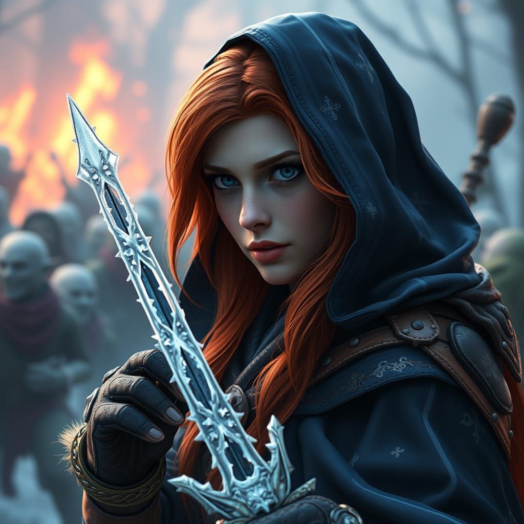 Elegant Frost Mage in Navy Blue Cloak Prepares for Goblin Ba...