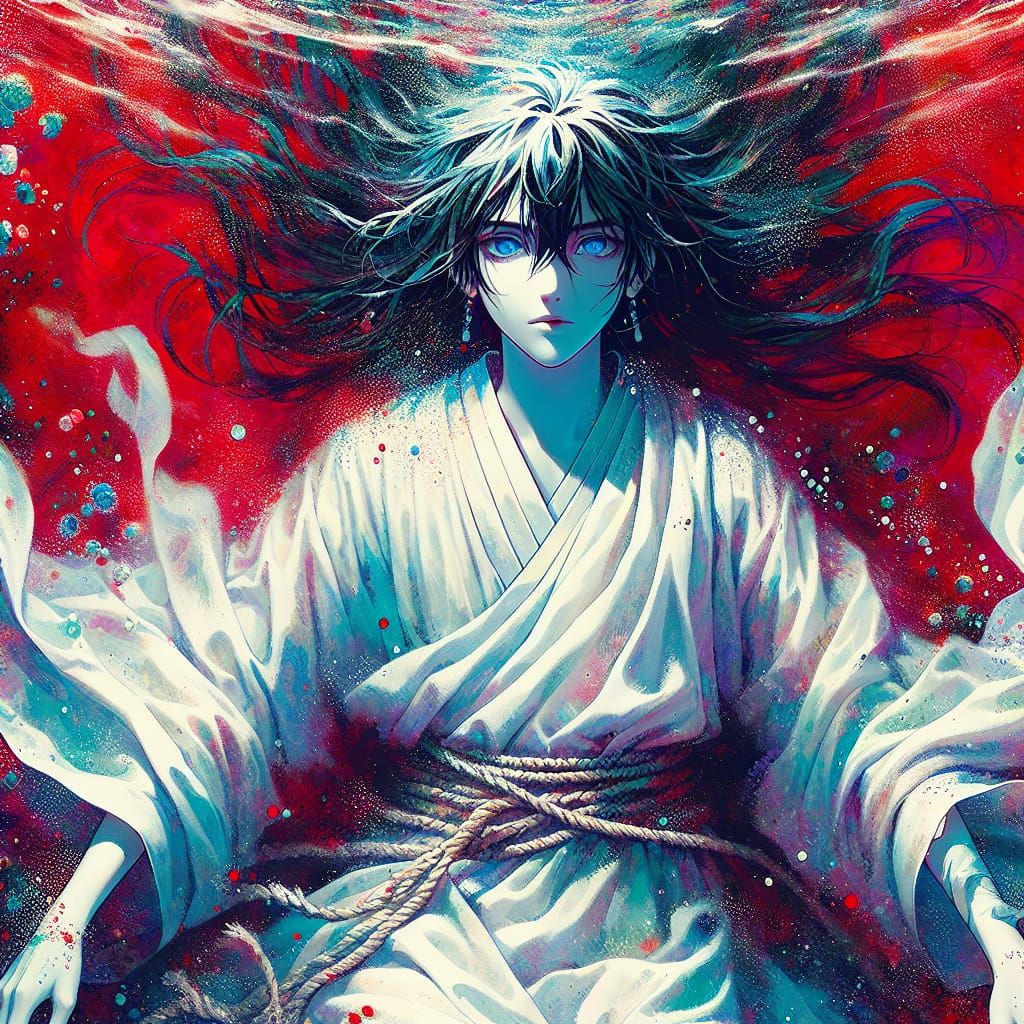 Woman in Red Sea: Anime Manga Impressionistic Style