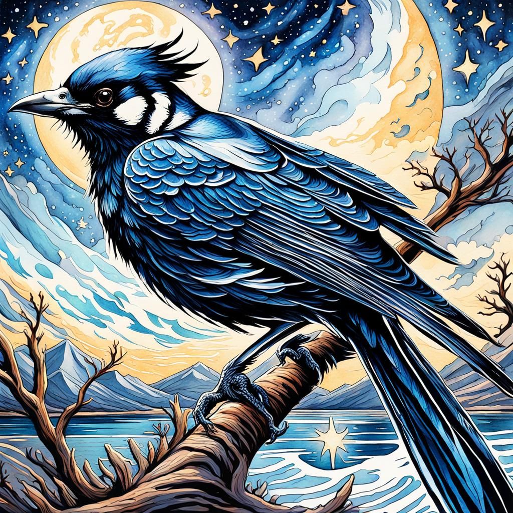 High Gothic Magpie Under Starry Night Watercolor