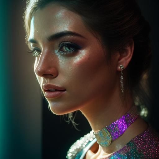 Woman Examines Reflection in Metallic Surface